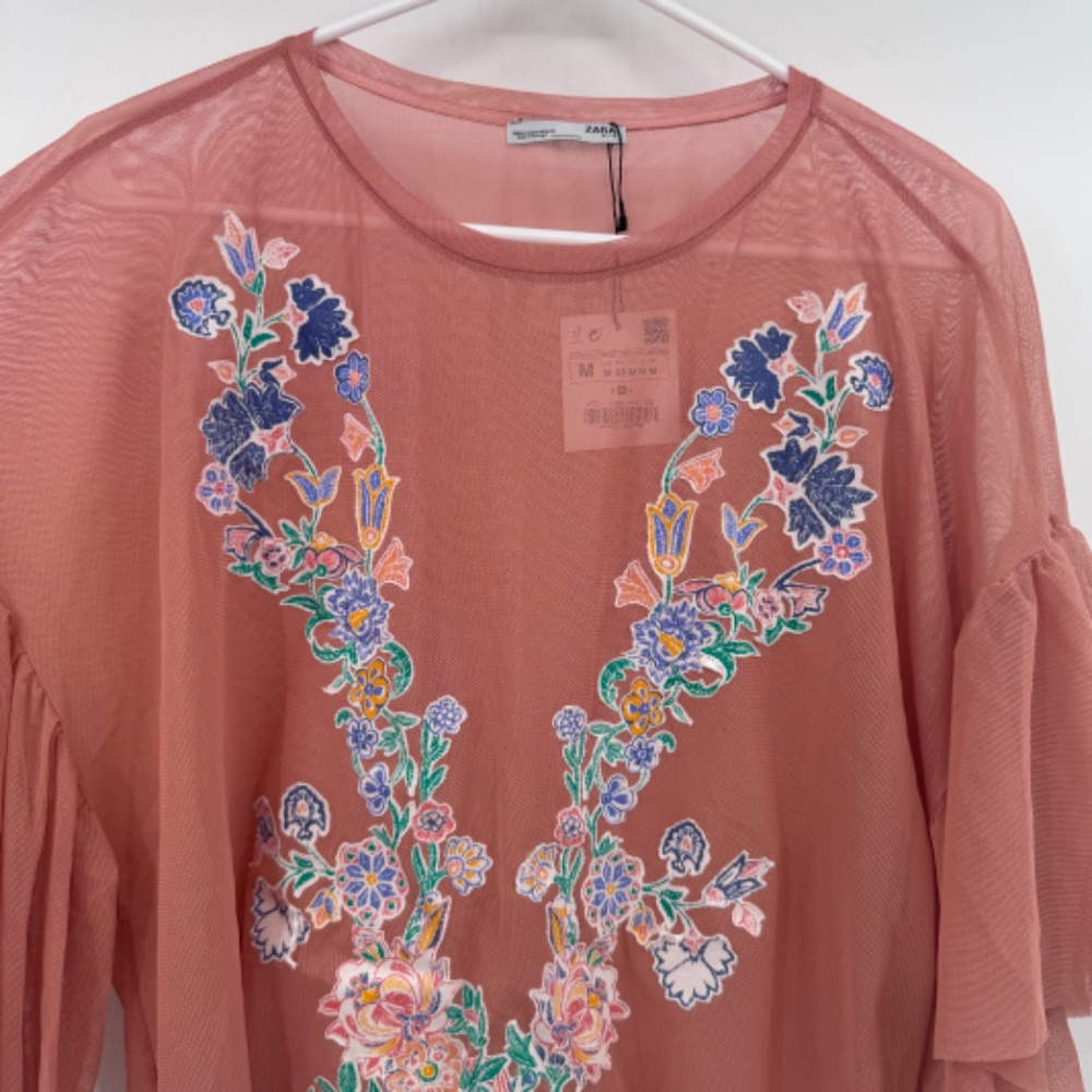Zara Top Women Medium NEW Mesh Sheer Floral Fairy Whimsy Cottage Coquette Boho - Picture 3 of 11